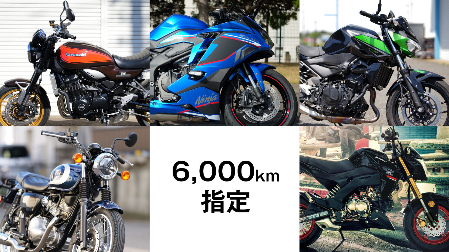  左上：KAWASAKI Z900RS　上中央：KAWASAKI ZX-4R　右上：KAWASAKI Z400　左下：KAWASAKI W230　右下：KAWASAKI Z125PRO
